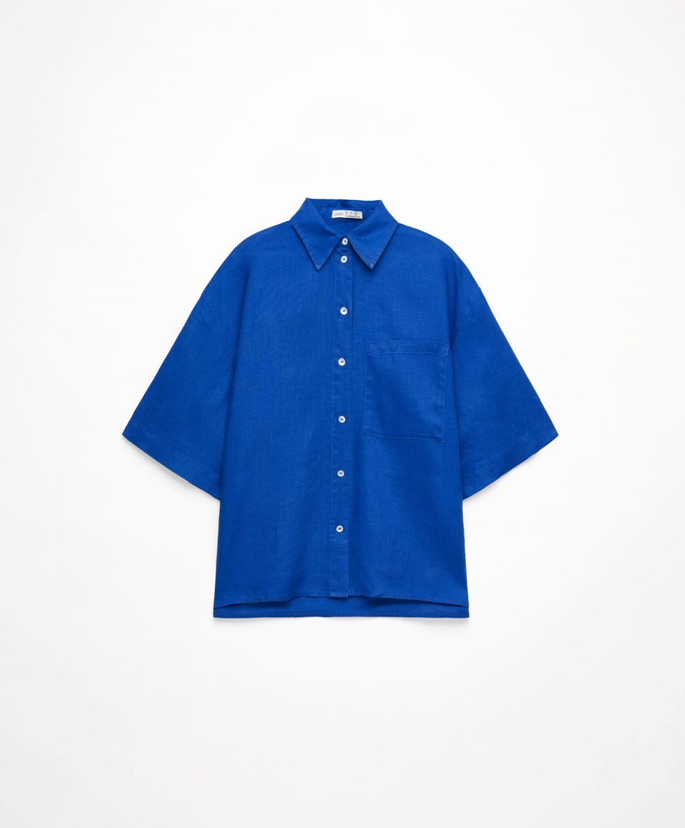 Oysho 100% Linen Shirt Kék | BONWHU-402