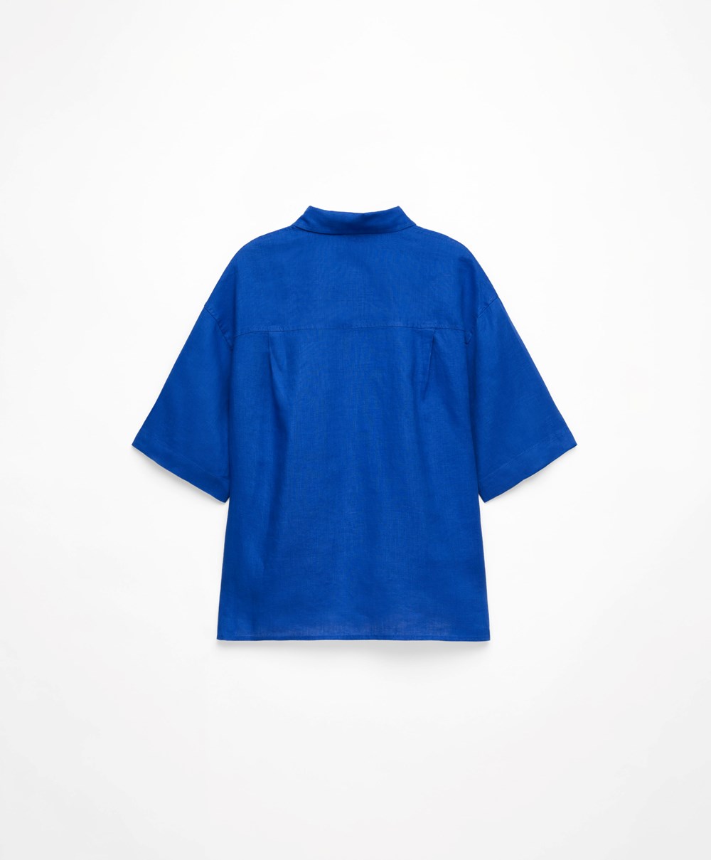 Oysho 100% Linen Shirt Kék | BONWHU-402