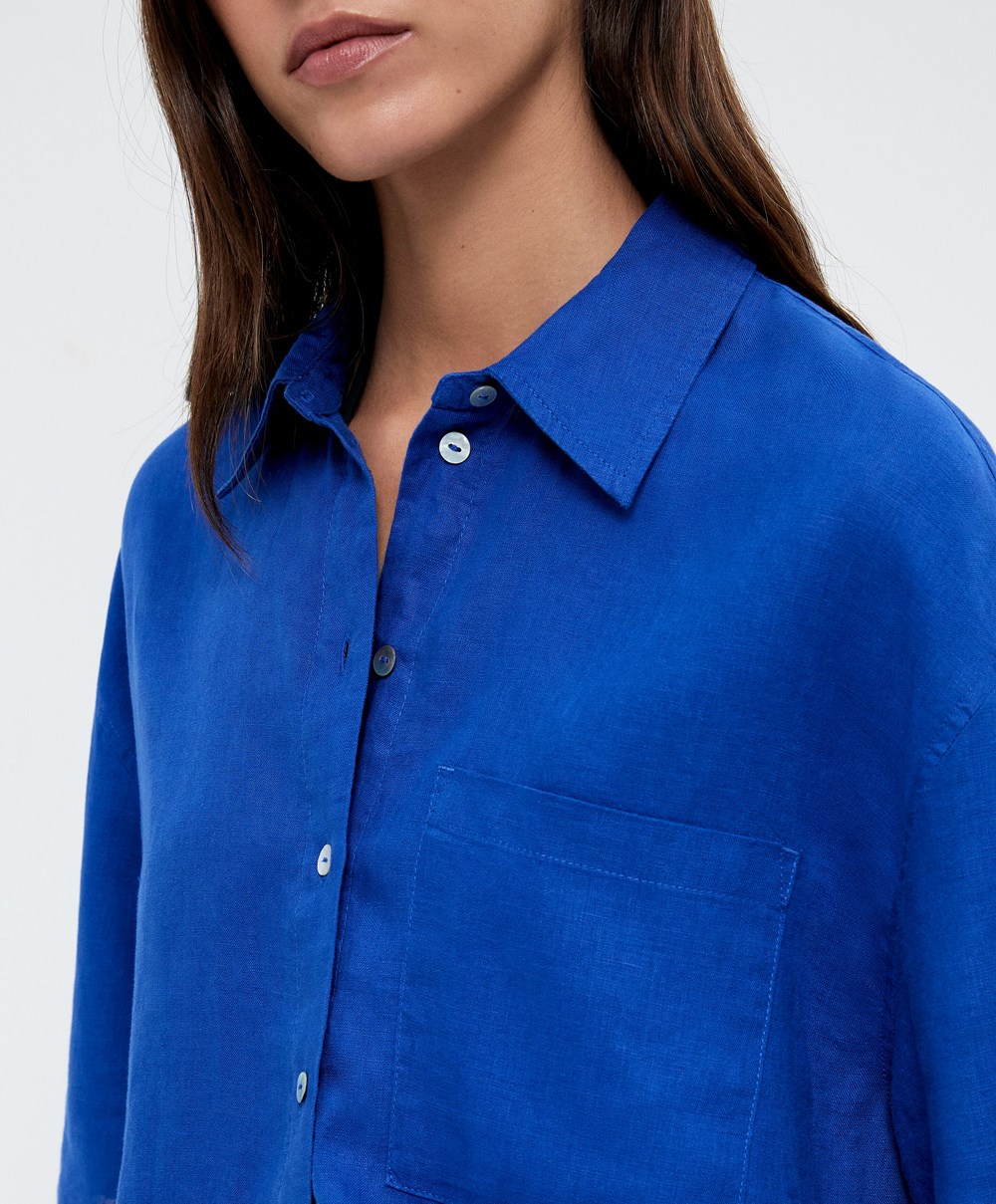 Oysho 100% Linen Shirt Kék | UQDRNA-742