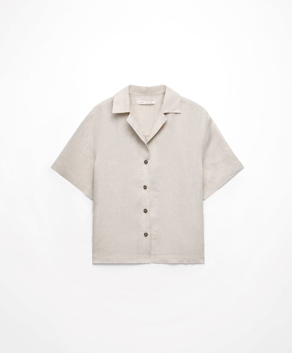 Oysho 100% Linen Shirt Sand Melange | XEPQVT-082