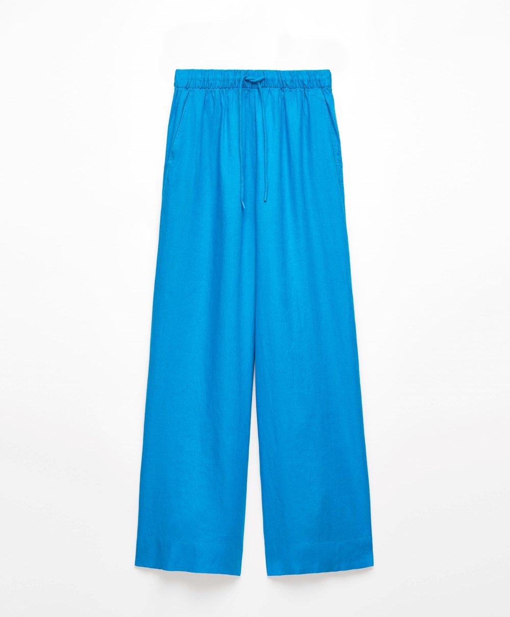 Oysho 100% Linen Széles Cipő Egyenes-leg Trousers Turquoise-blue | ANOXEL-394