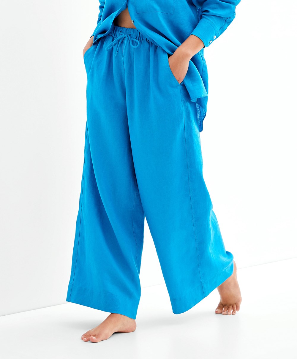 Oysho 100% Linen Széles Cipő Egyenes-leg Trousers Turquoise-blue | ANOXEL-394