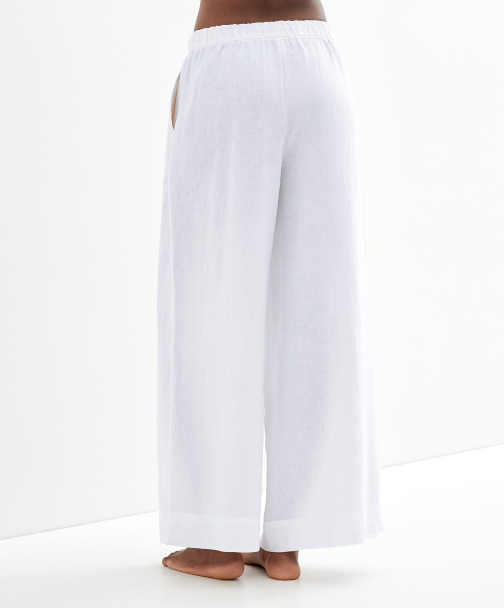 Oysho 100% Linen Széles Cipő Egyenes-leg Trousers Fehér | BHFMAI-062