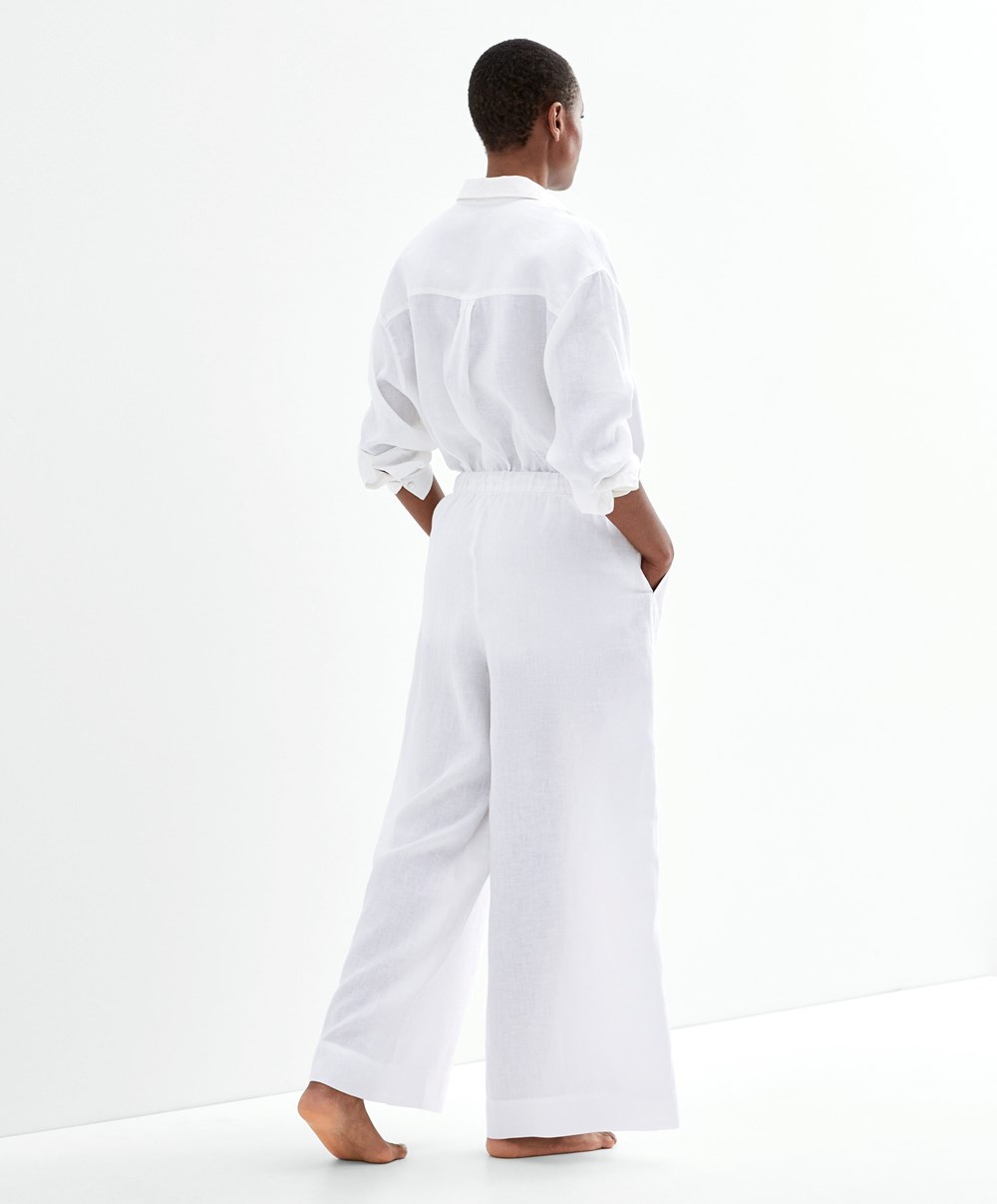 Oysho 100% Linen Széles Cipő Egyenes-leg Trousers Fehér | BHFMAI-062