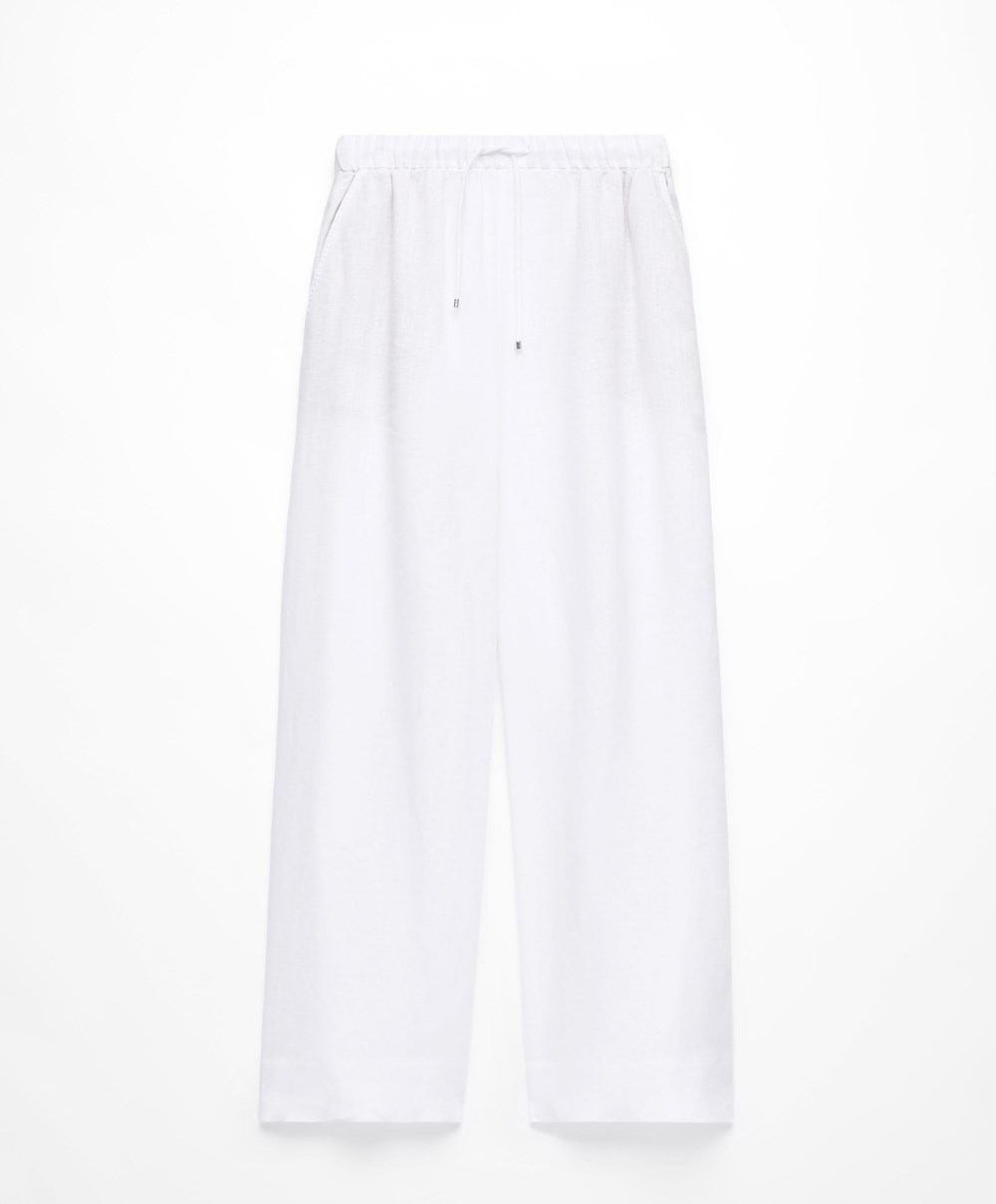 Oysho 100% Linen Széles Cipő Egyenes-leg Trousers Fehér | BHFMAI-062