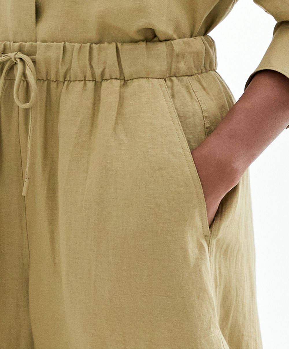 Oysho 100% Linen Széles Cipő Egyenes-leg Trousers Khaki | FRHTWX-803