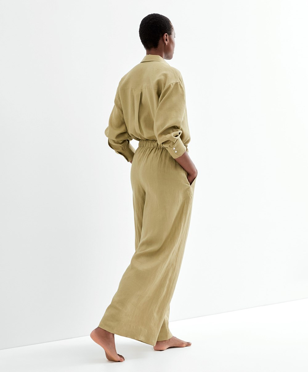 Oysho 100% Linen Széles Cipő Egyenes-leg Trousers Khaki | FRHTWX-803