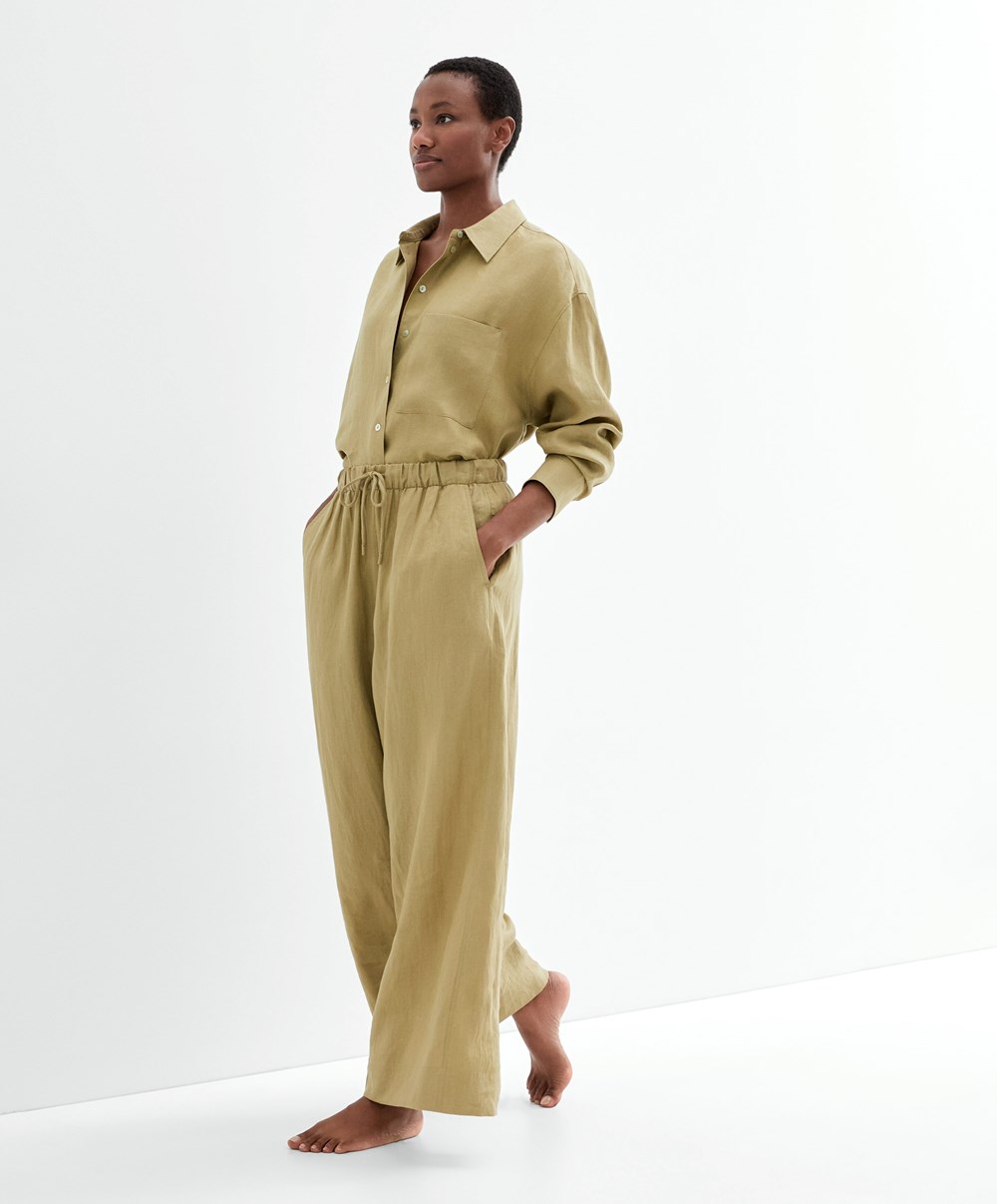 Oysho 100% Linen Széles Cipő Egyenes-leg Trousers Khaki | IWYNKD-017