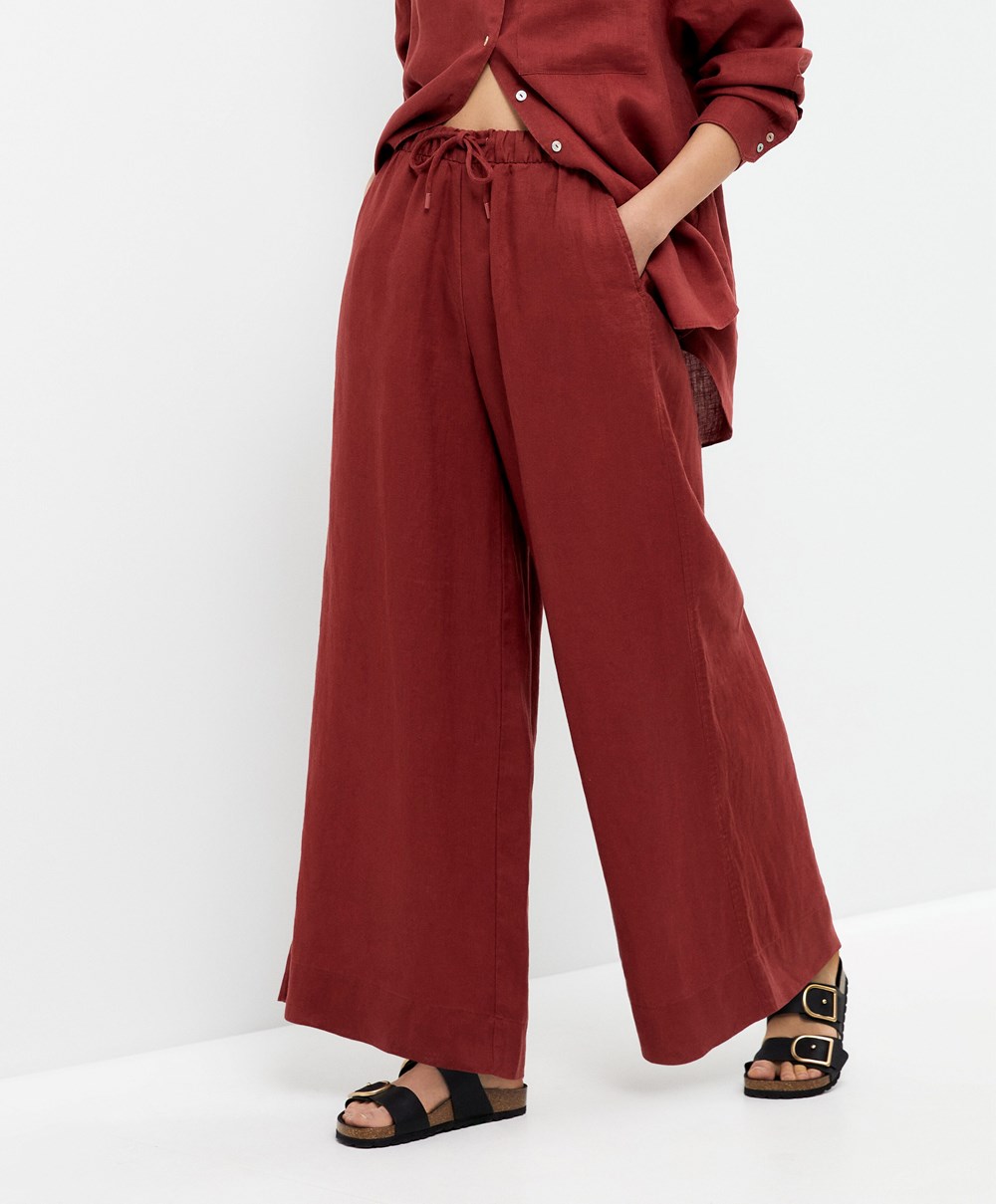 Oysho 100% Linen Széles Cipő Egyenes-leg Trousers Barna | KLNUID-294