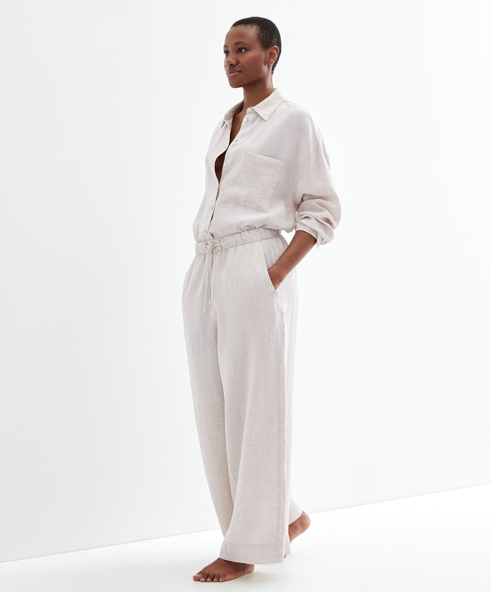 Oysho 100% Linen Széles Cipő Egyenes-leg Trousers Sand Melange | LYGXCN-920