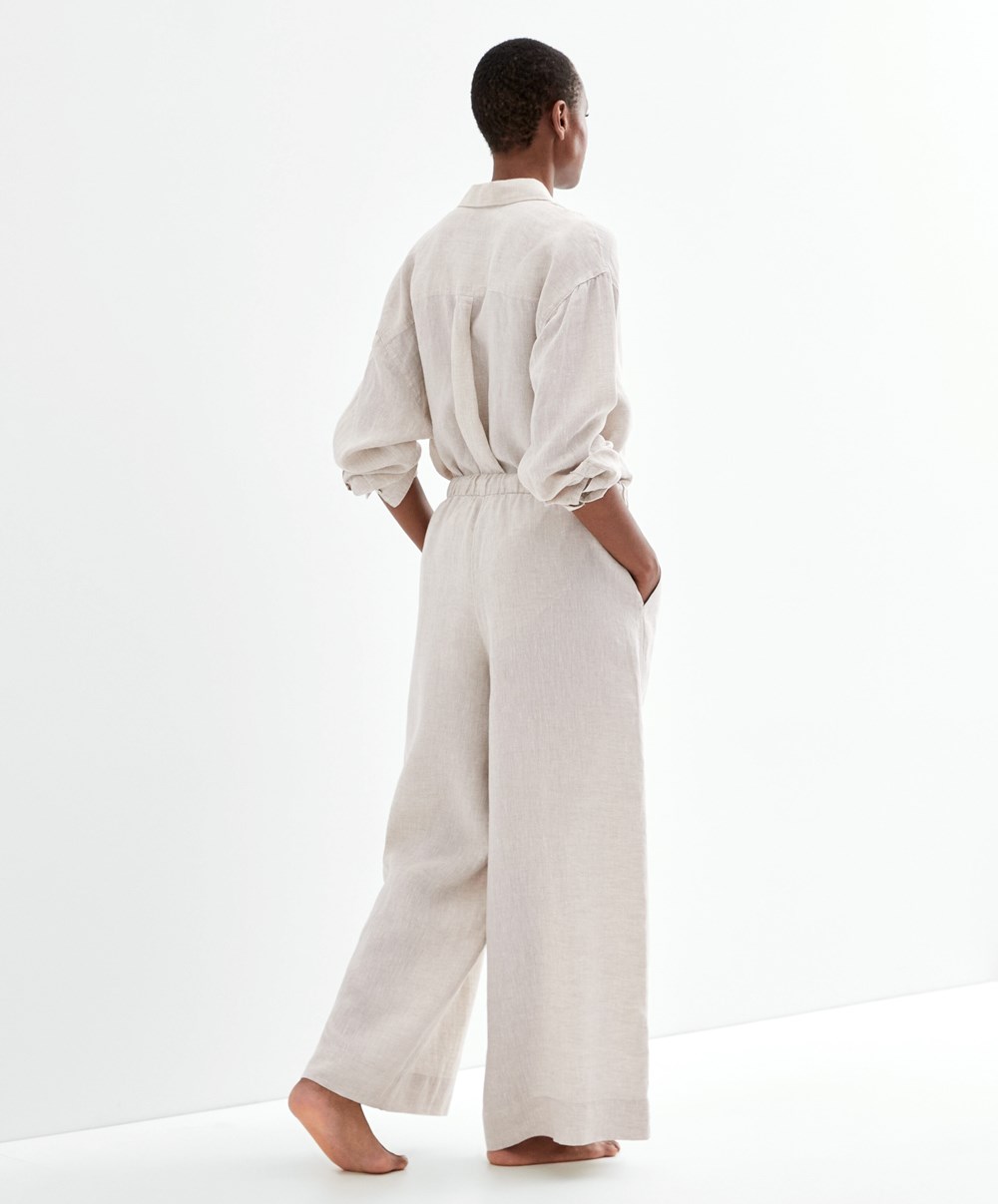 Oysho 100% Linen Széles Cipő Egyenes-leg Trousers Sand Melange | LYGXCN-920