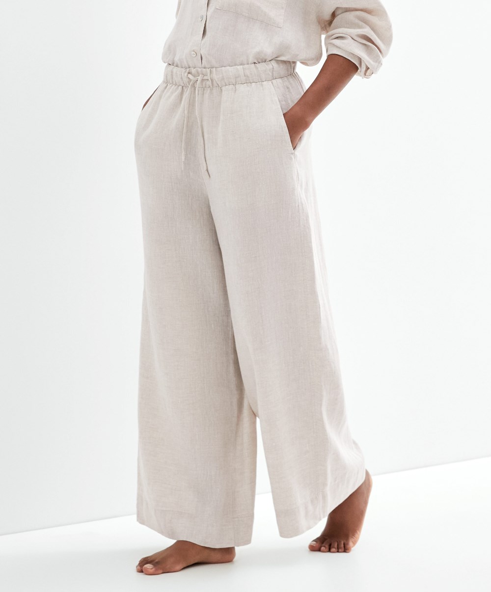 Oysho 100% Linen Széles Cipő Egyenes-leg Trousers Sand Melange | LYGXCN-920