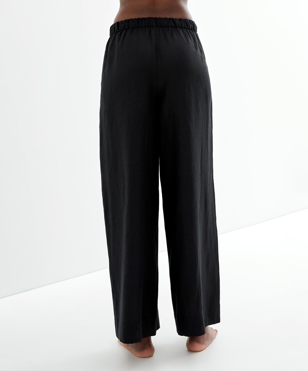 Oysho 100% Linen Széles Cipő Egyenes-leg Trousers Fekete | NXSRGH-827