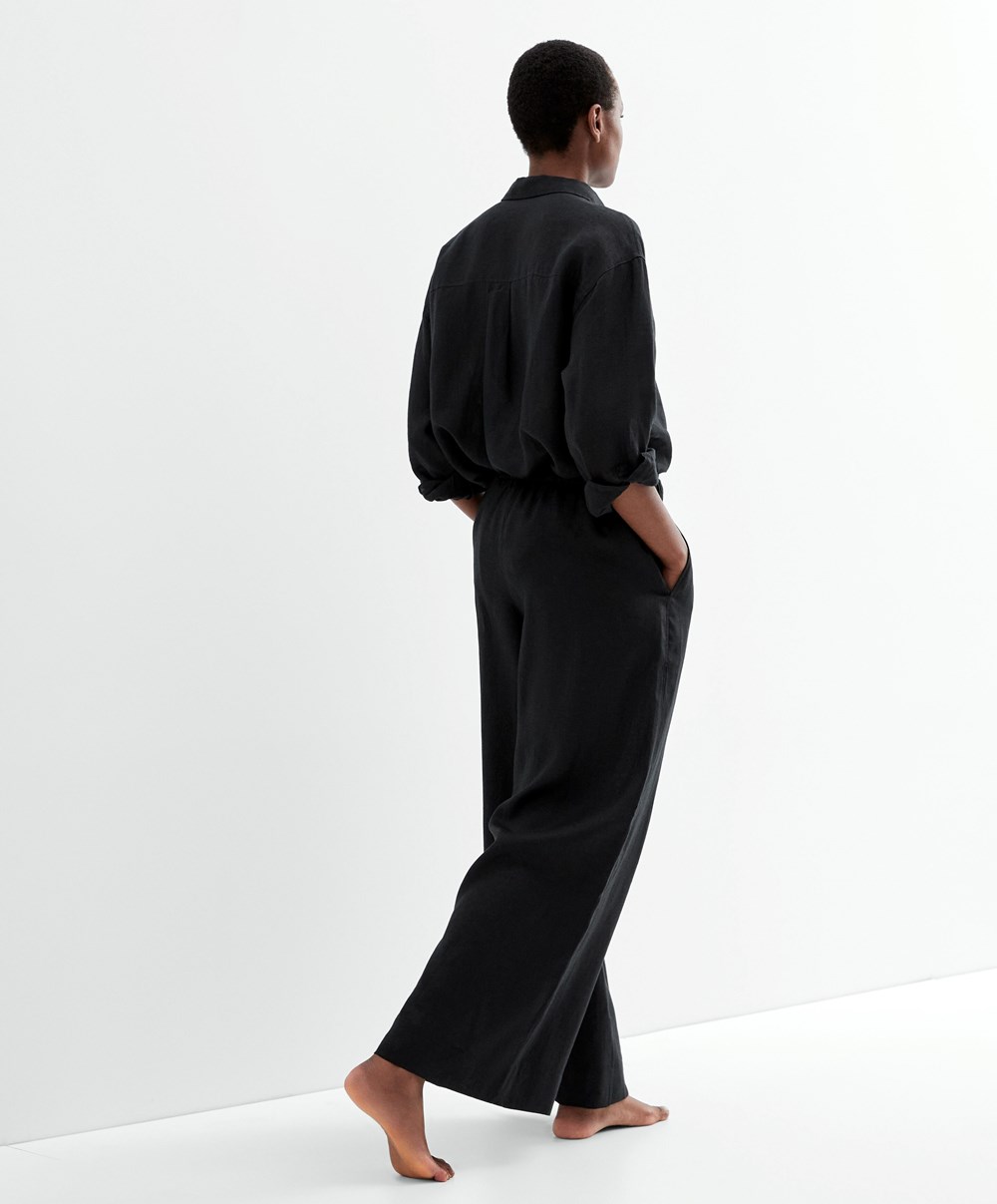 Oysho 100% Linen Széles Cipő Egyenes-leg Trousers Fekete | NXSRGH-827