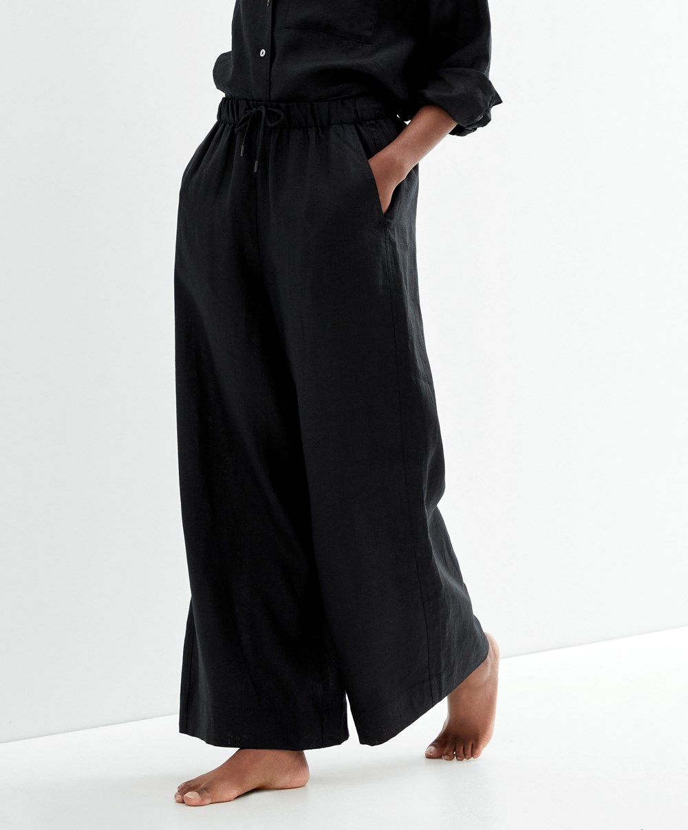 Oysho 100% Linen Széles Cipő Egyenes-leg Trousers Fekete | NXSRGH-827