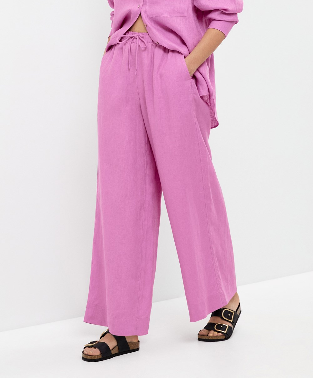 Oysho 100% Linen Széles Cipő Egyenes-leg Trousers Rózsaszín | PTNJSG-784