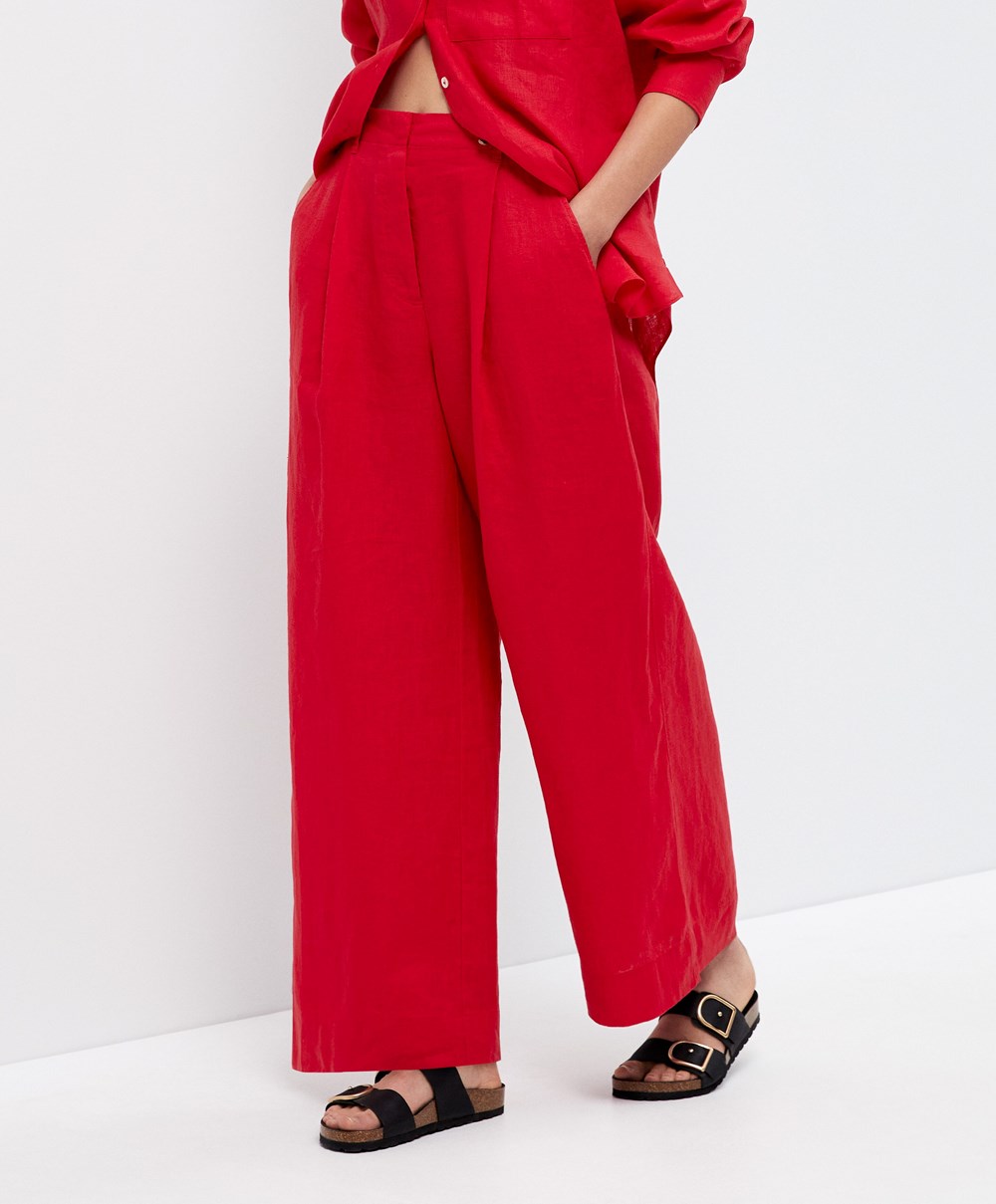 Oysho 100% Linen Széles Cipő-leg Trousers Piros | OPQZLT-687