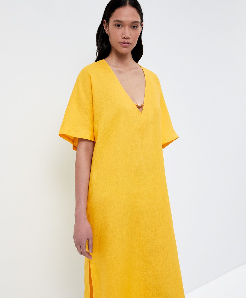 Oysho 100% Linen Tunic Ruha Mid-yellow | DKXGSY-218