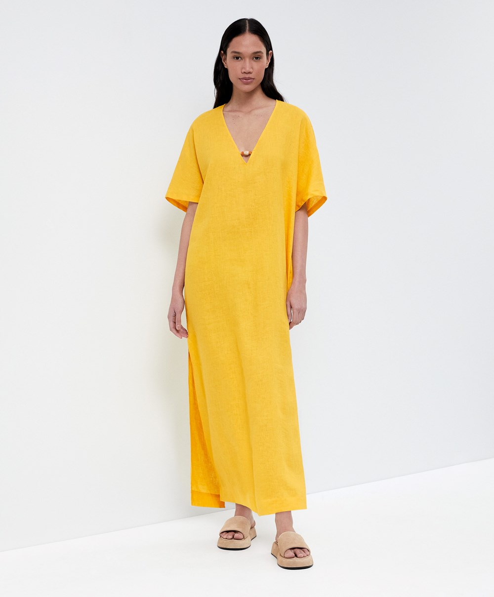 Oysho 100% Linen Tunic Ruha Mid-yellow | DKXGSY-218