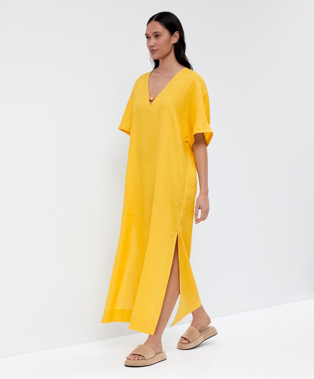 Oysho 100% Linen Tunic Ruha Mid-yellow | DKXGSY-218