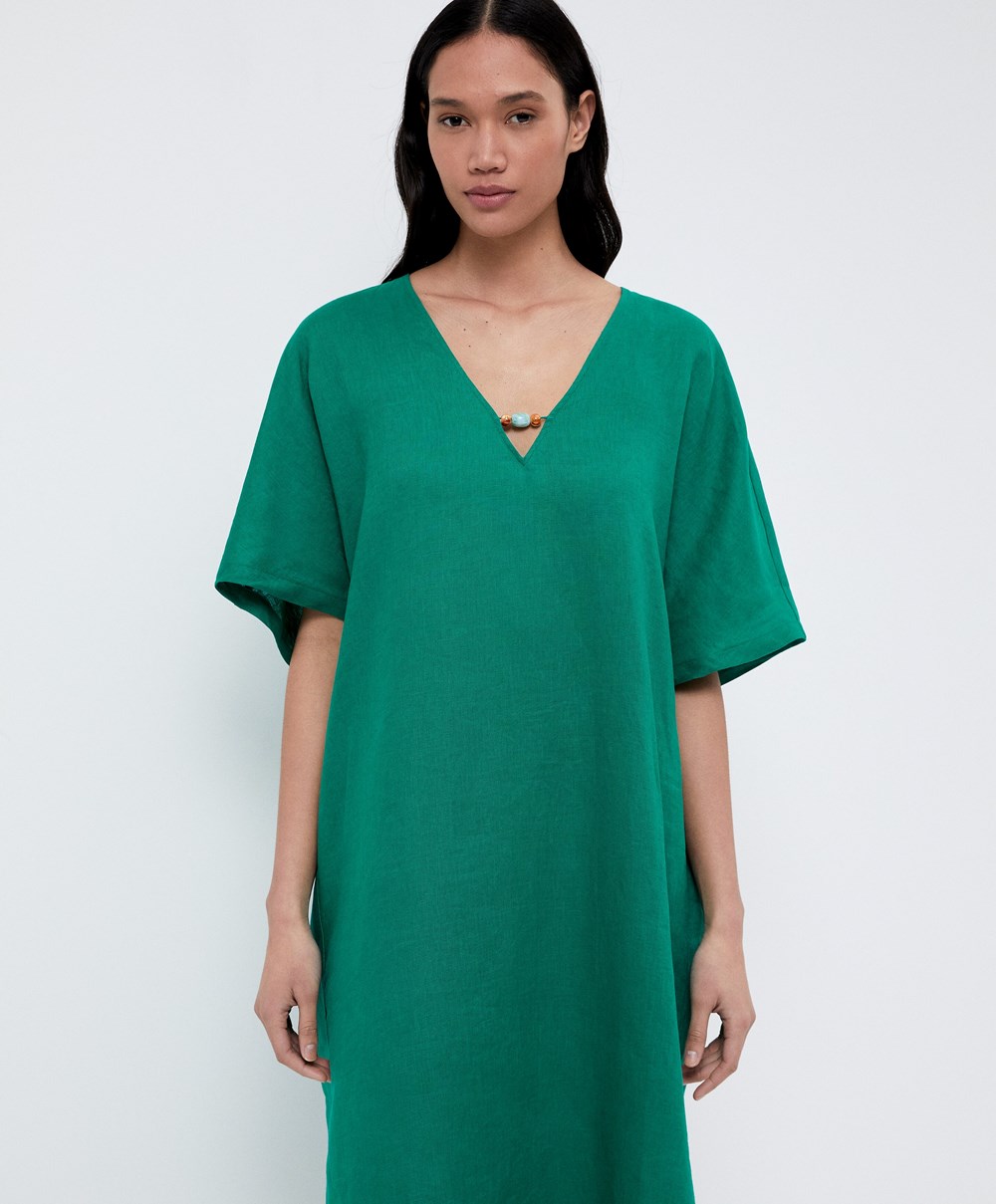 Oysho 100% Linen Tunic Ruha Zöld | WIYZAG-548