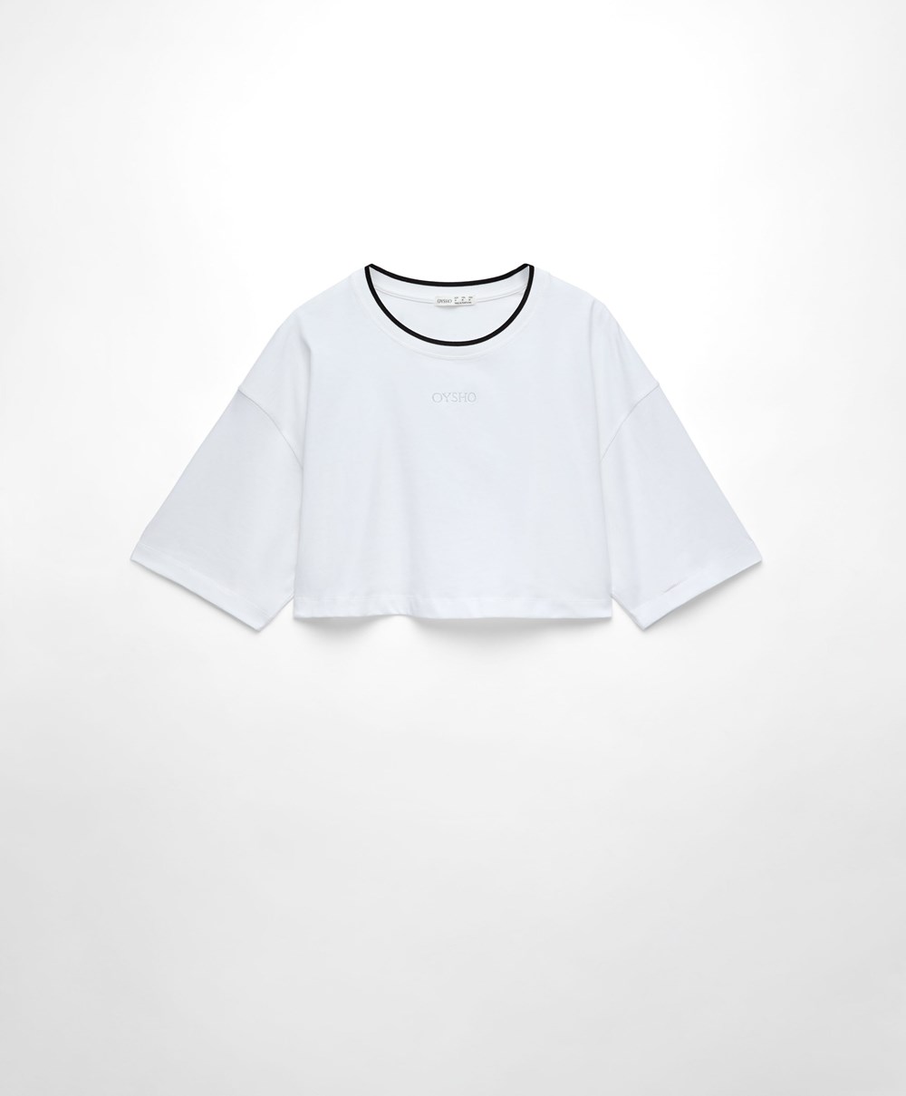 Oysho 100% Pamut Cropped Rövid-sleeved Logo T-shirt Fehér | QBTMHG-208