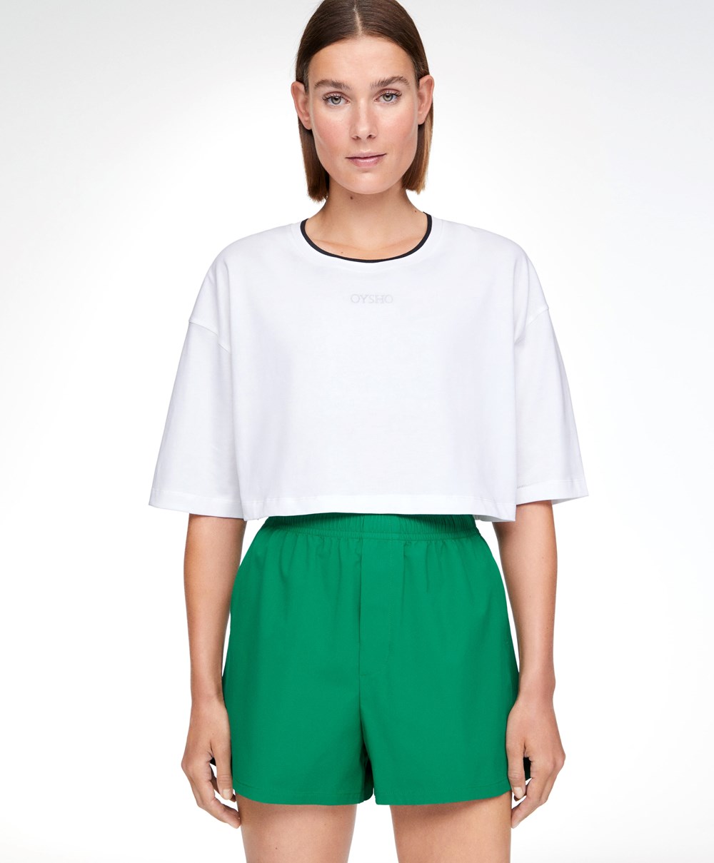 Oysho 100% Pamut Cropped Rövid-sleeved Logo T-shirt Fehér | QBTMHG-208