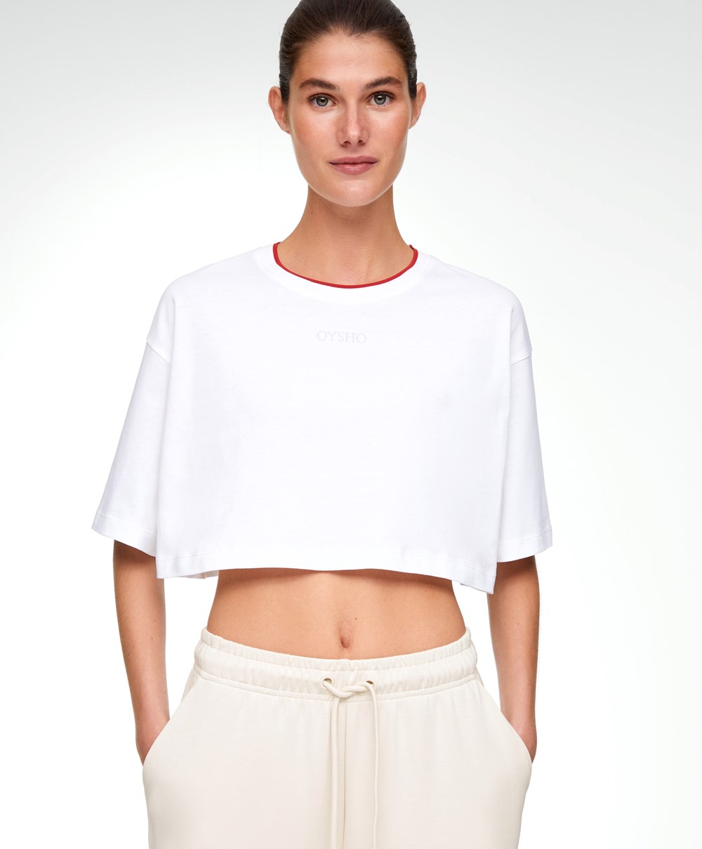 Oysho 100% Pamut Cropped Rövid-sleeved Logo T-shirt Piros | VDPWAX-076