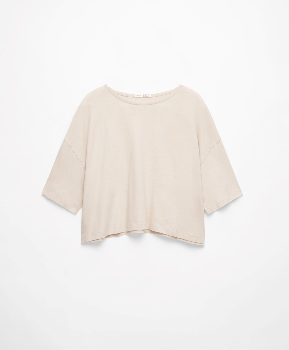 Oysho 100% Pamut Cropped Rövid-sleeved T-shirt Ecru | ARJCWU-270