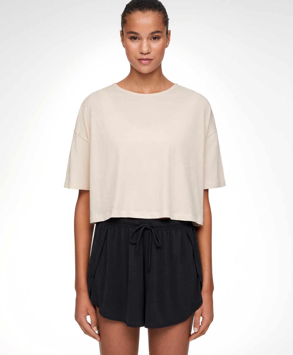 Oysho 100% Pamut Cropped Rövid-sleeved T-shirt Ecru | ARJCWU-270