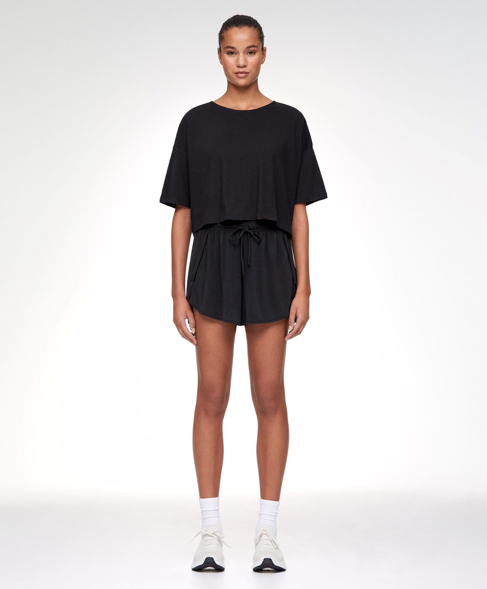 Oysho 100% Pamut Cropped Rövid-sleeved T-shirt Fekete | GXPHTD-078