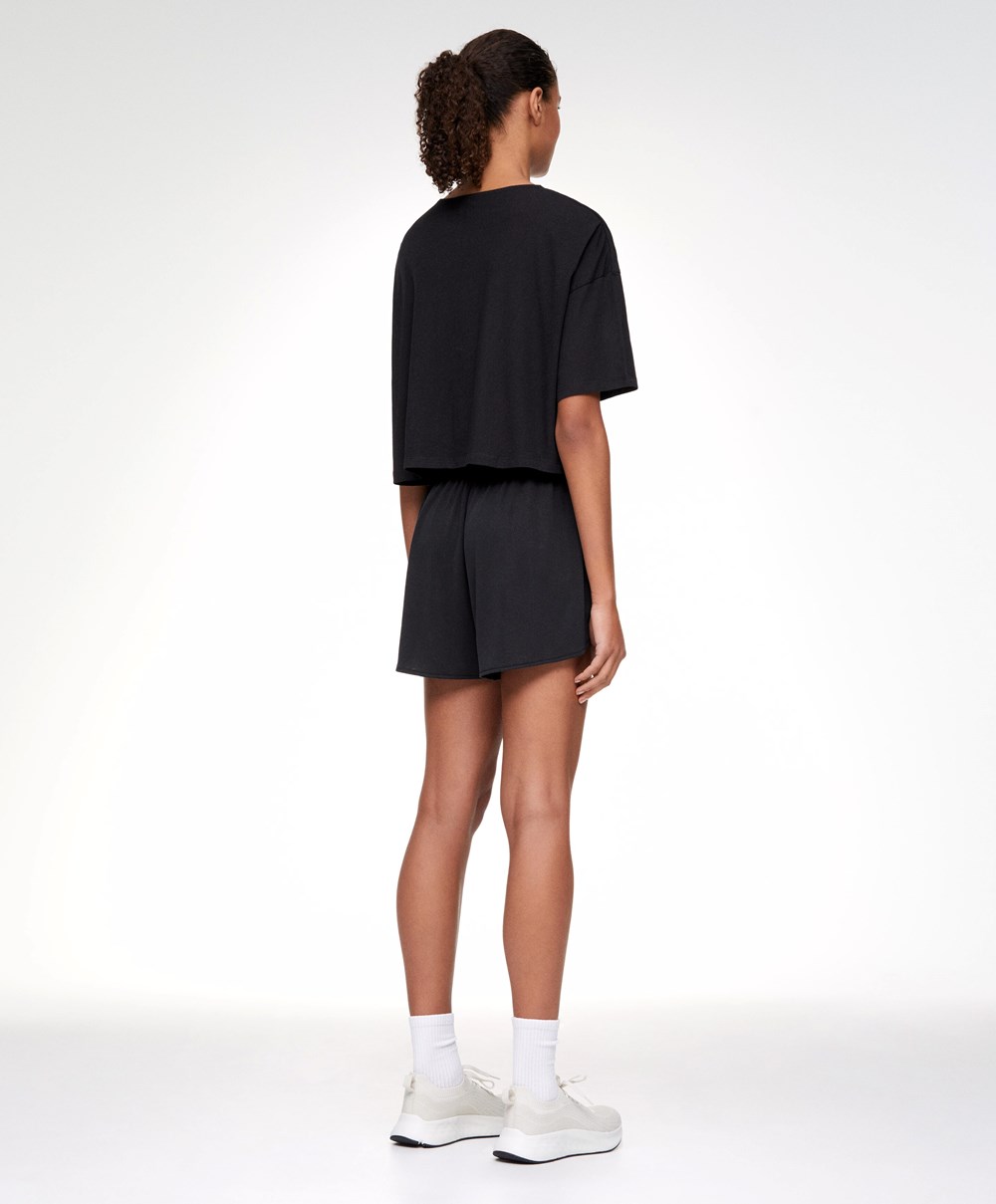 Oysho 100% Pamut Cropped Rövid-sleeved T-shirt Fekete | GXPHTD-078