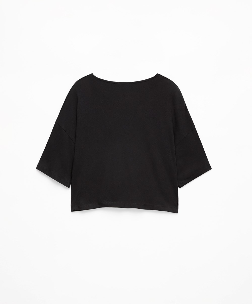 Oysho 100% Pamut Cropped Rövid-sleeved T-shirt Fekete | GXPHTD-078