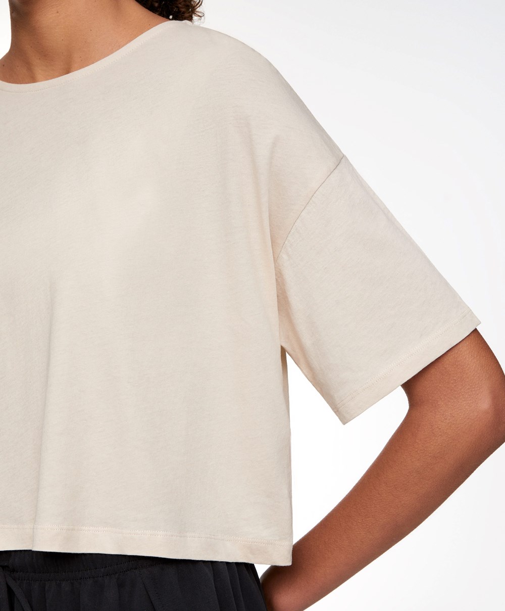 Oysho 100% Pamut Cropped Rövid-sleeved T-shirt Ecru | VCNYDT-180