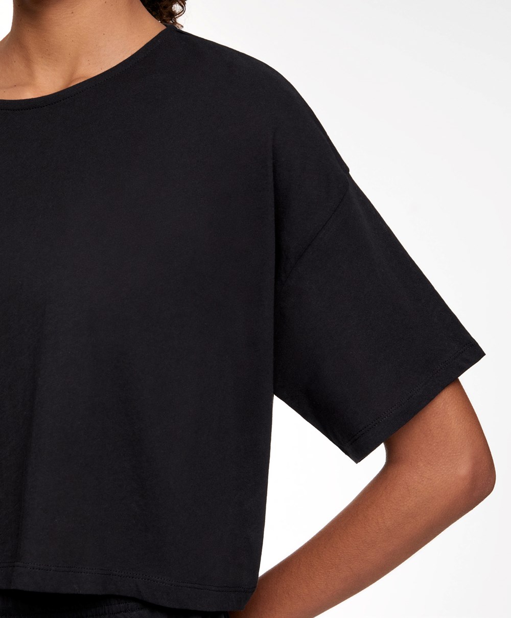 Oysho 100% Pamut Cropped Rövid-sleeved T-shirt Fekete | ZKJYBU-156