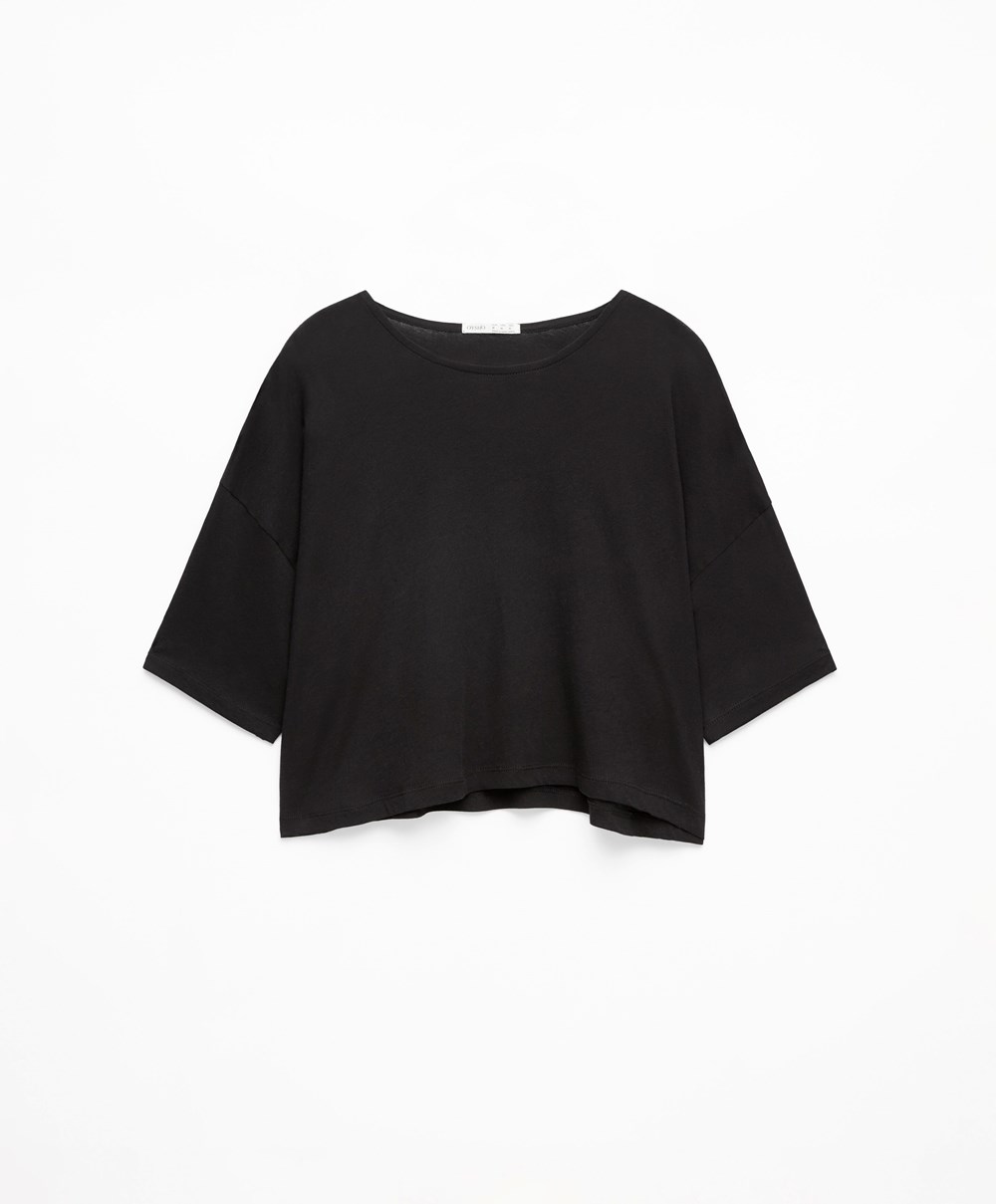 Oysho 100% Pamut Cropped Rövid-sleeved T-shirt Fekete | ZKJYBU-156