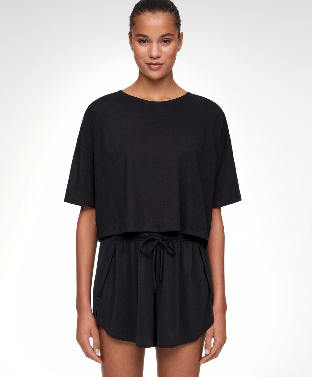 Oysho 100% Pamut Cropped Rövid-sleeved T-shirt Fekete | ZKJYBU-156