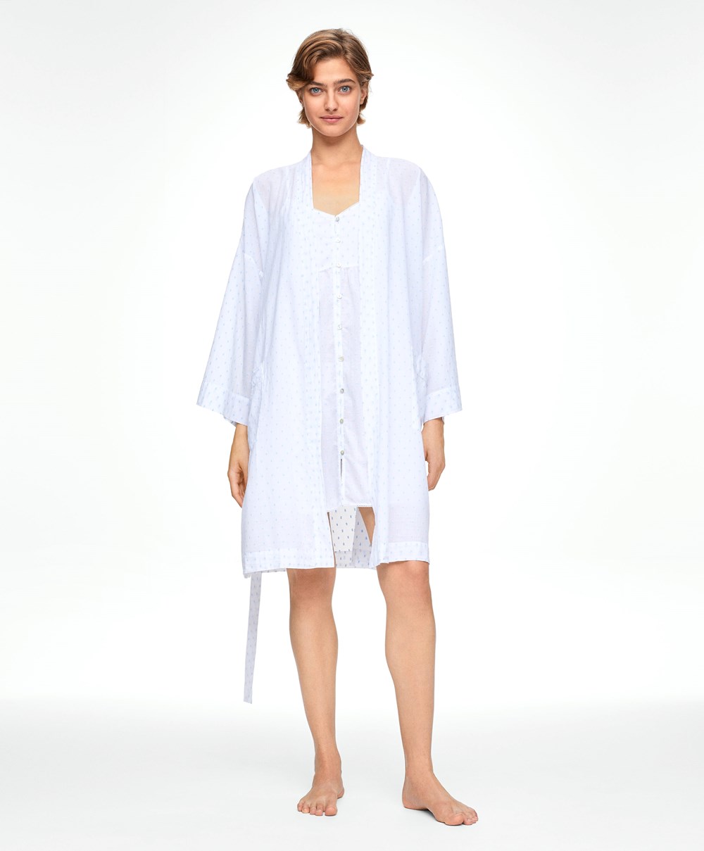 Oysho 100% Pamut Plumeti Dressing Gown Fehér | ATWZNU-075