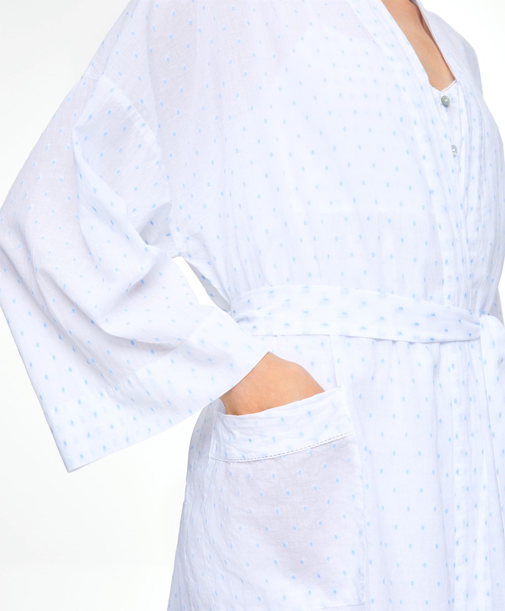 Oysho 100% Pamut Plumeti Dressing Gown Fehér | ATWZNU-075