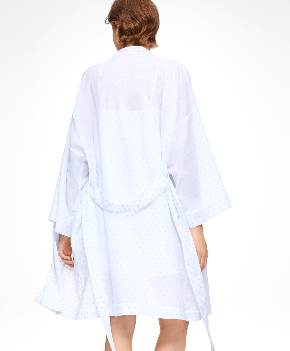 Oysho 100% Pamut Plumeti Dressing Gown Fehér | ATWZNU-075