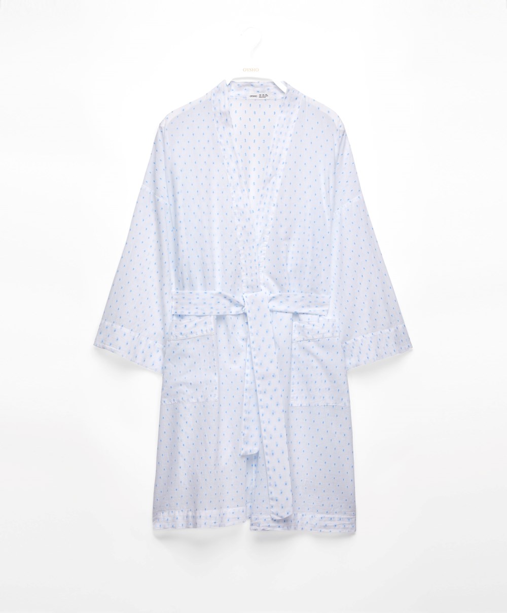 Oysho 100% Pamut Plumeti Dressing Gown Fehér | ATWZNU-075