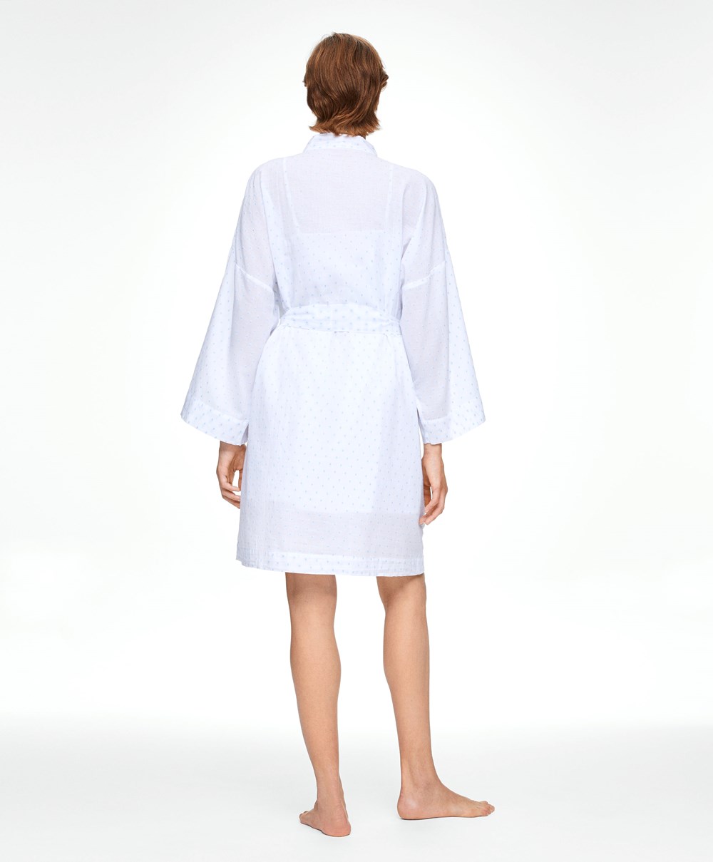 Oysho 100% Pamut Plumeti Dressing Gown Fehér | WYTDHG-489