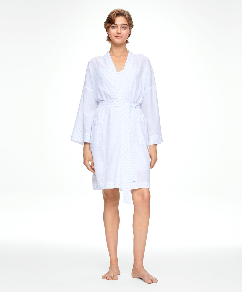 Oysho 100% Pamut Plumeti Dressing Gown Fehér | WYTDHG-489