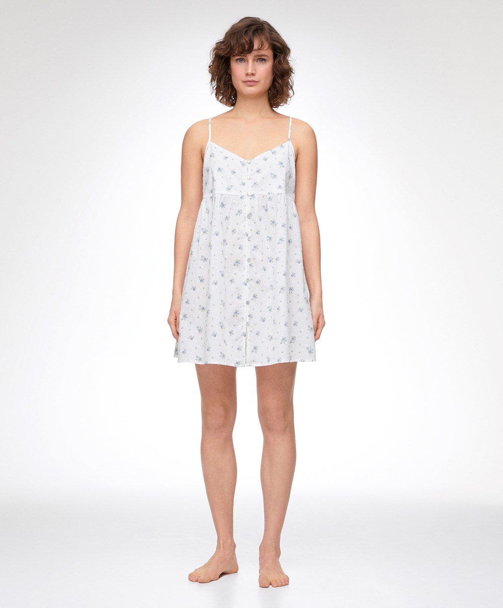 Oysho 100% Pamut Plumeti Printed Rövid Nightdress Kék | LVFEYN-748