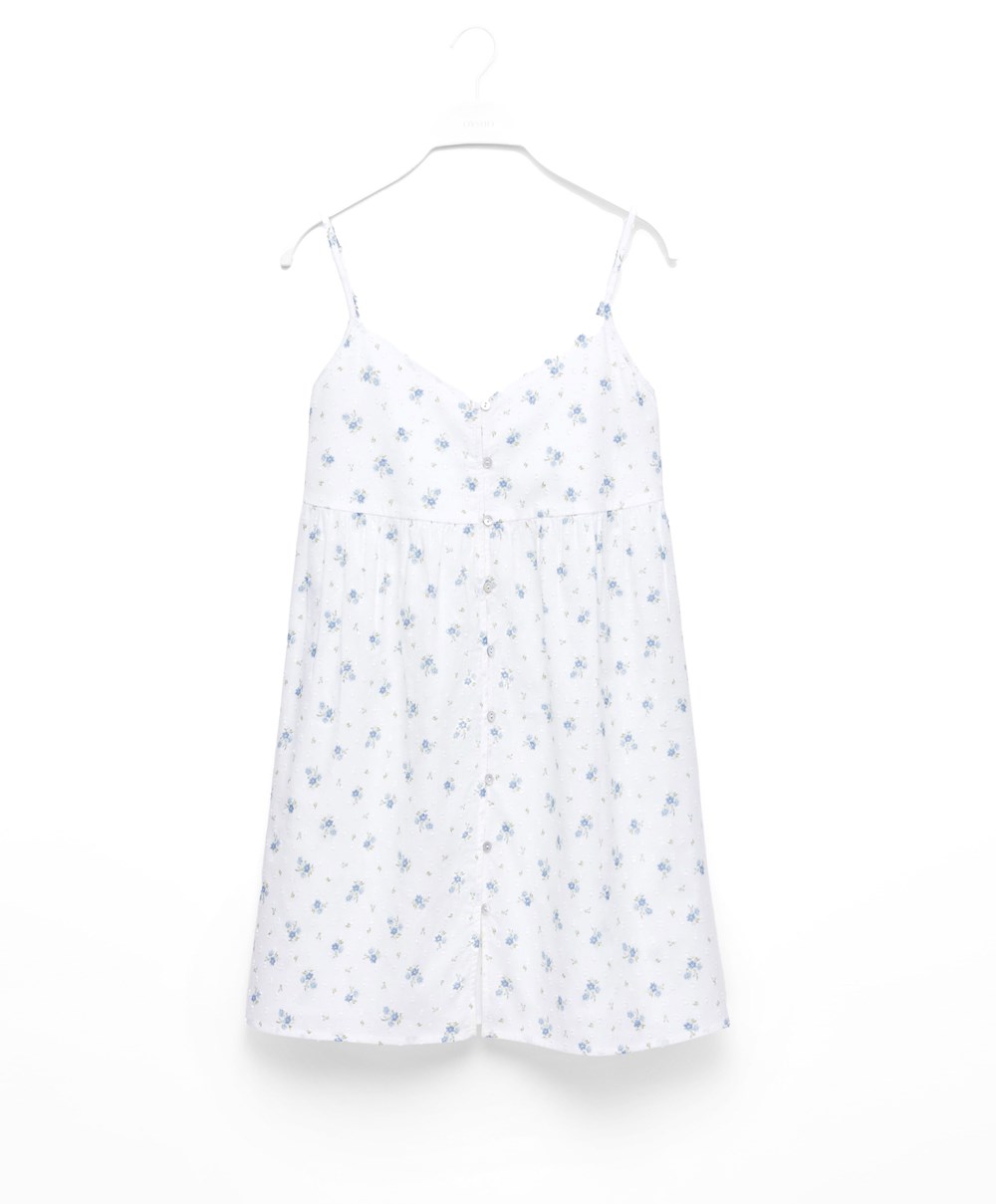 Oysho 100% Pamut Plumeti Printed Rövid Nightdress Kék | LVFEYN-748