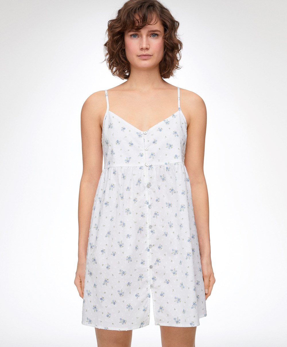 Oysho 100% Pamut Plumeti Printed Rövid Nightdress Kék | LVFEYN-748