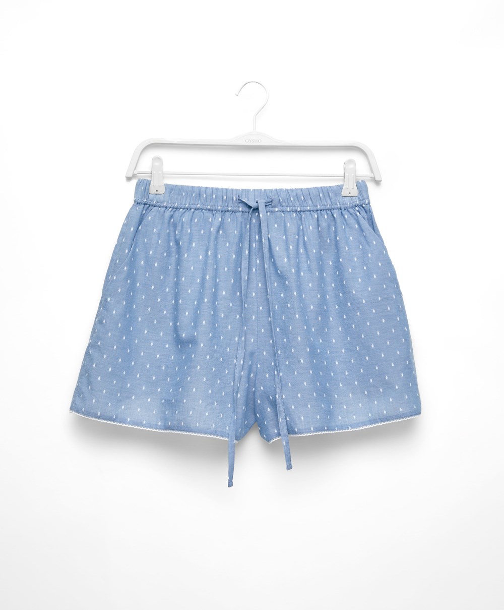 Oysho 100% Pamut Plumeti Printed Shorts Kék | KJGNWE-496