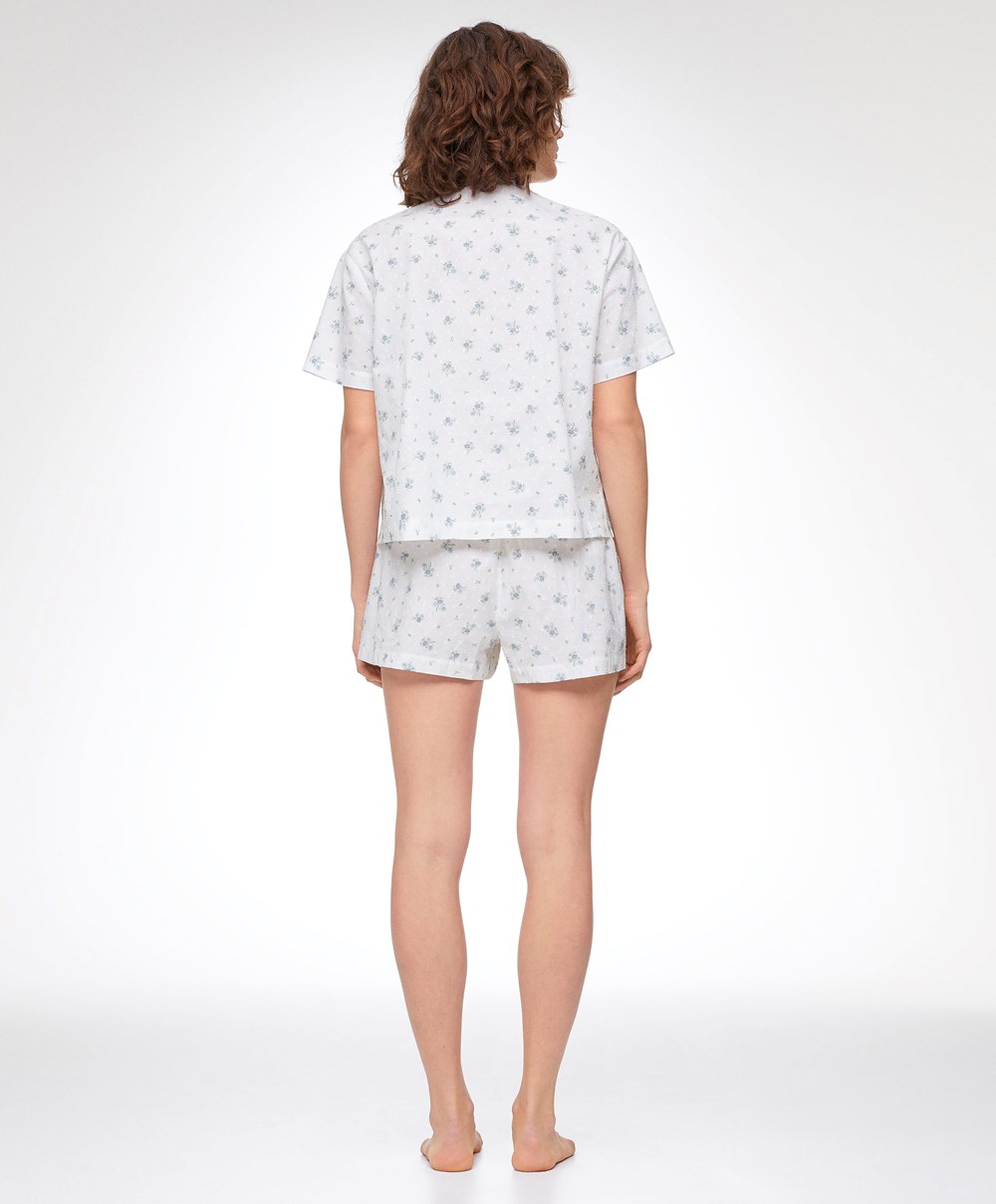 Oysho 100% Pamut Plumeti Printed Shorts Kék | TVCDFL-513