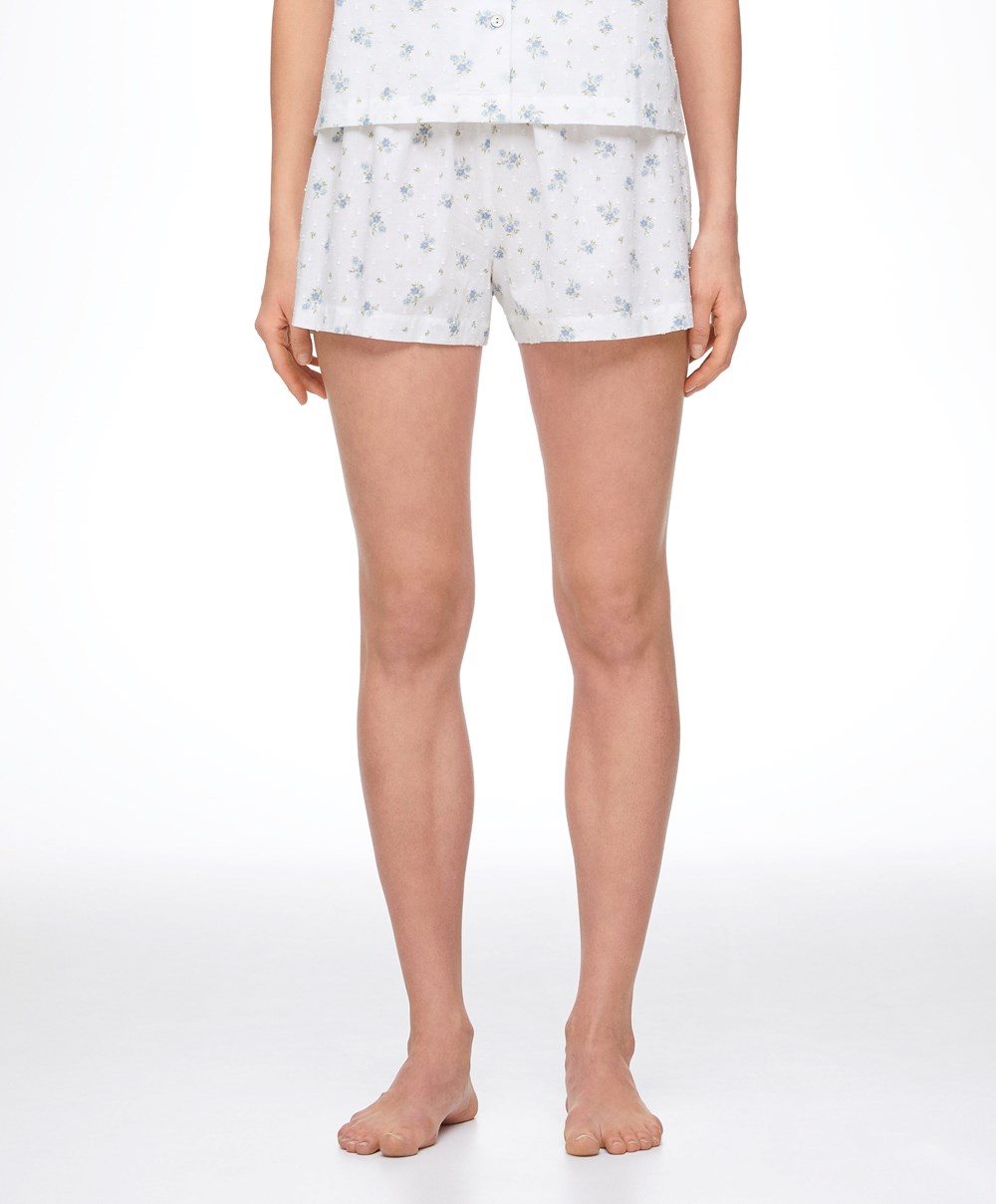 Oysho 100% Pamut Plumeti Printed Shorts Kék | TVCDFL-513