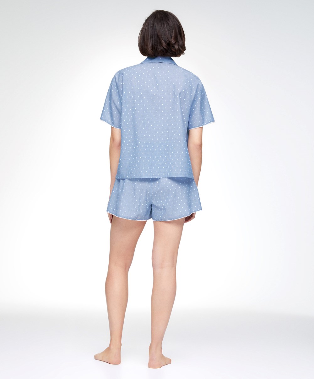 Oysho 100% Pamut Plumeti Printed Shorts Kék | WNRLAB-609